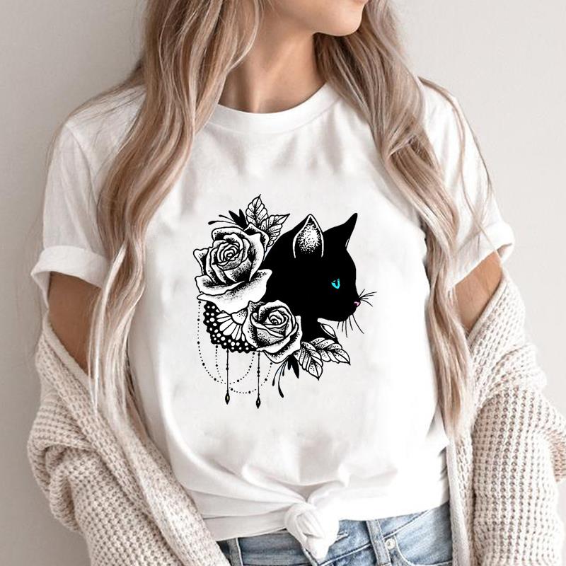 (Asiatische Größe) Grafik-T-Shirt für Damen, Katze, Bücher, Liebe, süß, Trend, modisch, lässig, bedruckt, kurzärmelig, Sommer-Top, Damen, weiblich, T-Shirt, Kleidung, T-Shirt S von Joom DACH