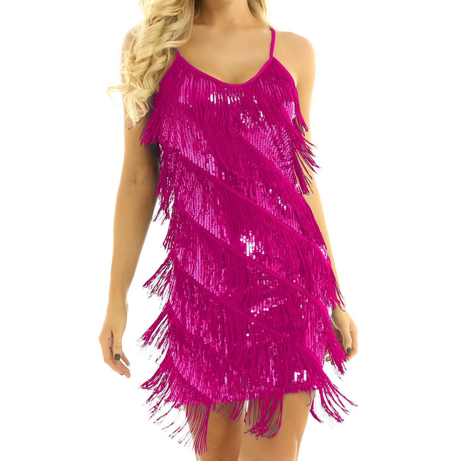 (Qunide) Damen-Kleid, einfarbig, ärmellos, Pailletten, Konzert-Neckholder, Quasten-Stil XXL heißes rosa von Joom DACH