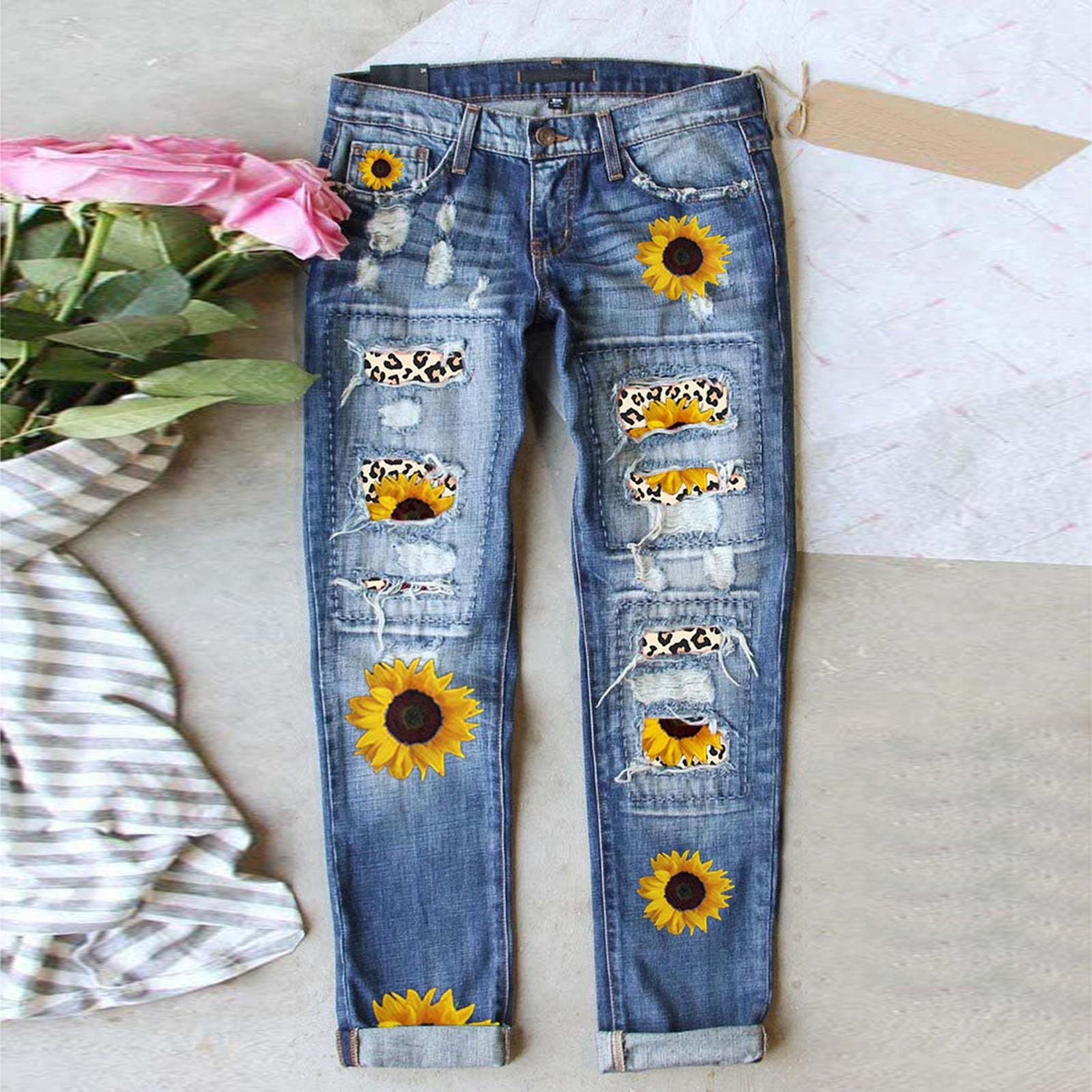(SU)Damen-Jeans mit blauem Blumenmuster, Stretch, hohe Taille, Hose, Patch, zerrissene, zerstörte Denim-Hosen, Röhrenhose XXL gelb von Joom DACH