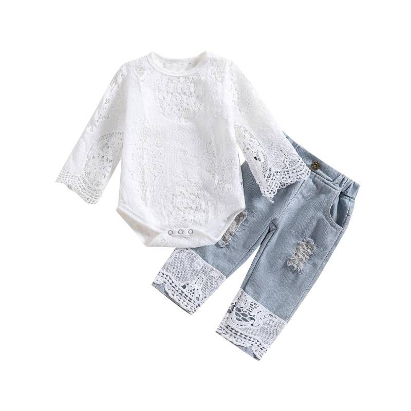 0-24M Baby Mädchen Herbst Kleidung Langarm Spitze Strampler Anzug Dreieckiger Schritt Spitzenoberteil Loch Lange Jeans 2-teiliges Outfit 100cm von Joom DACH