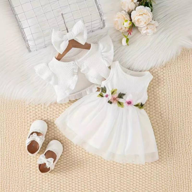 0-3Y Mädchen Baby Kleid Anzug Neue Sommer Baby Mädchen Set Mesh Stickerei Kleid + Jacke + Kopfschmuck 6-9M weiß von Joom DACH