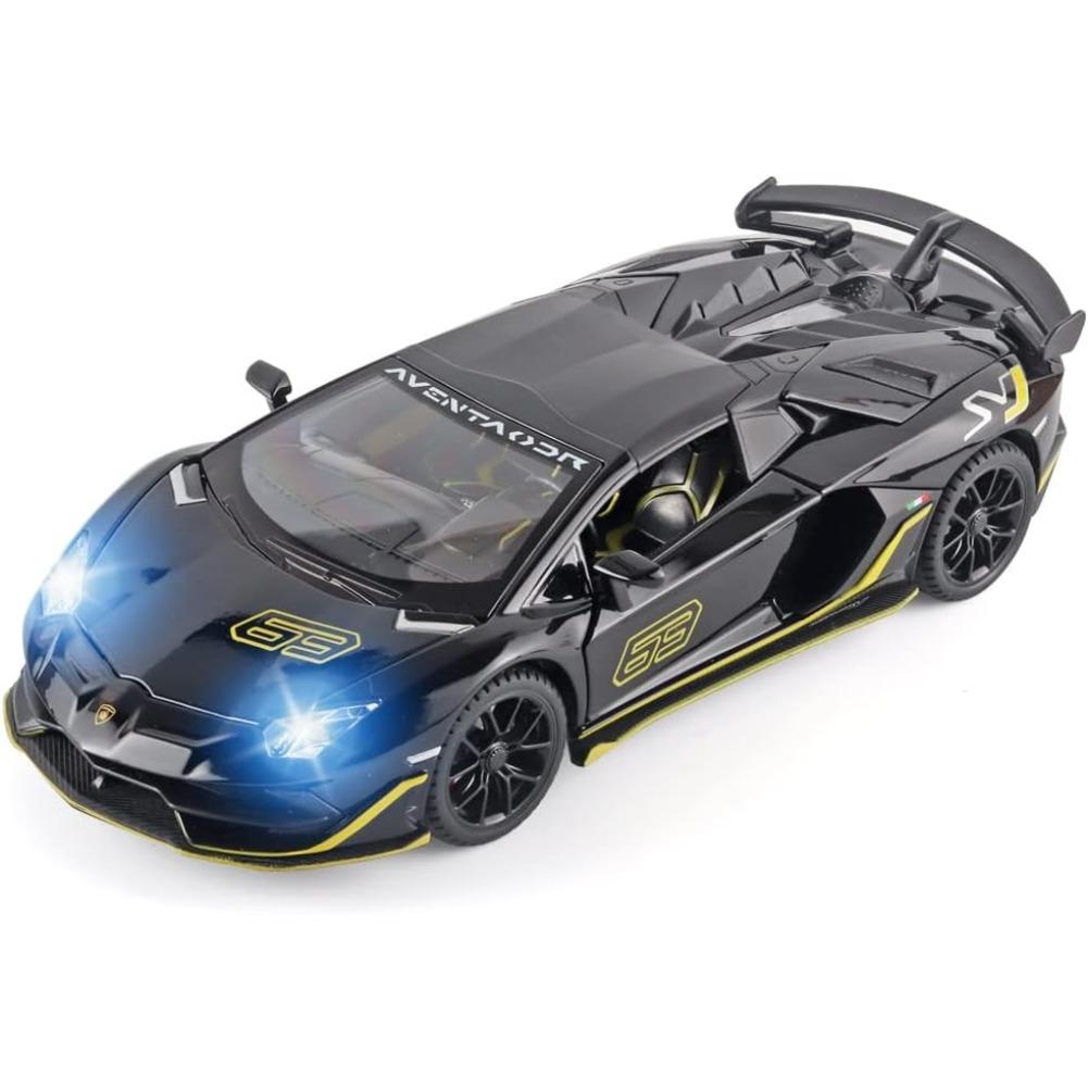 1/24 Sportwagen Lambo SVJ 63, Metalldruckguss-Autospielzeug, Modellautos mit abnehmbarem Dach mit Sound, Licht und Rückzug für Kinder ab 3 Jahren 1/24-Size:21.5*9.8*5cm schwarz von Joom DACH