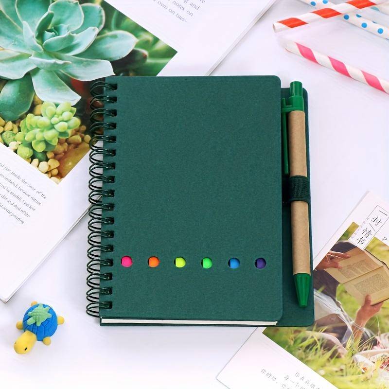 1 Notizblock mit farbigen Haftnotizen, Spiralnotizbuch für Studenten, transparentes Index-Sticker-Notizbuch, Loseblatt-Sticker-Notizbuch mit Kugelschreiber grün von Joom DACH
