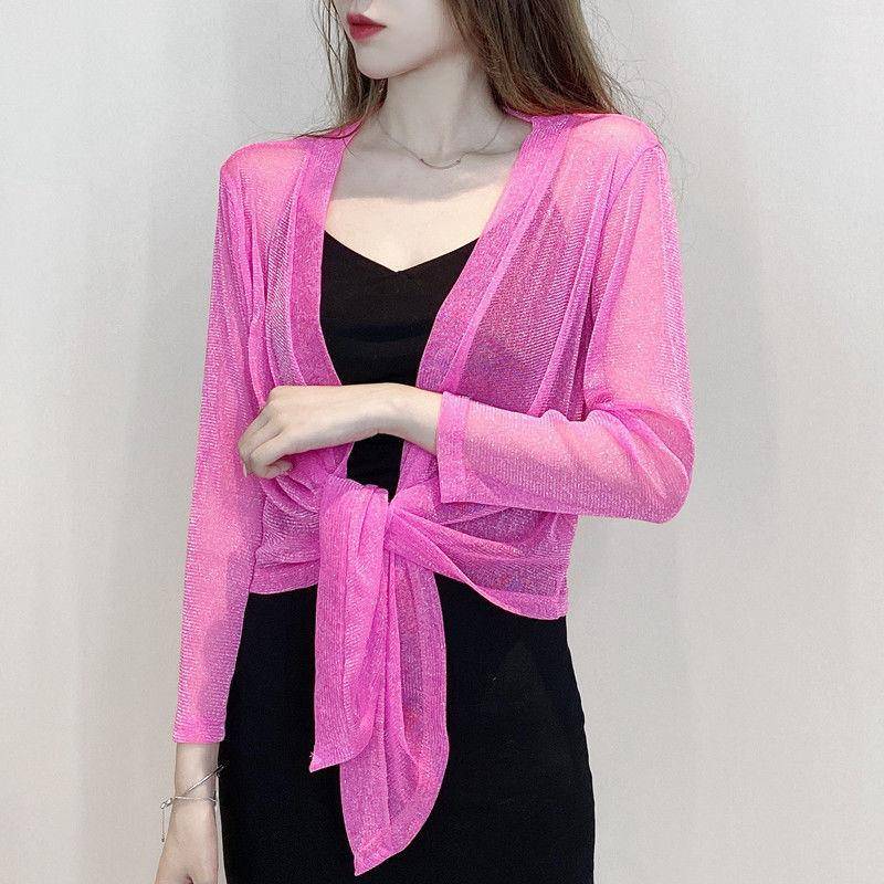 1 PC langärmliges Nylon-Spitzenrohr, lockerer dünner Schal außerhalb des Damen-Sonnenschutzhemds, Sommer-Kurzjackenoberteile, perlmuttfarbene Eisseiden-Cardigan-Spitzenmäntel XL rosa von Joom DACH
