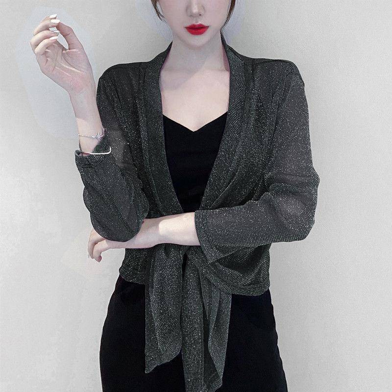 1 PC langärmliges Nylon-Spitzenrohr, lockerer dünner Schal außerhalb des Damen-Sonnenschutzhemds, Sommer-Kurzjackenoberteile, perlmuttfarbene Eisseiden-Cardigan-Spitzenmäntel XXL schwarz von Joom DACH