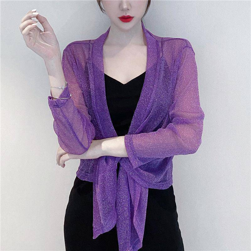 1 PC langärmliges Nylon-Spitzenrohr, lockerer dünner Schal außerhalb des Damen-Sonnenschutzhemds, Sommer-Kurzjackenoberteile, perlmuttfarbene Eisseiden-Cardigan-Spitzenmäntel XXL violett von Joom DACH