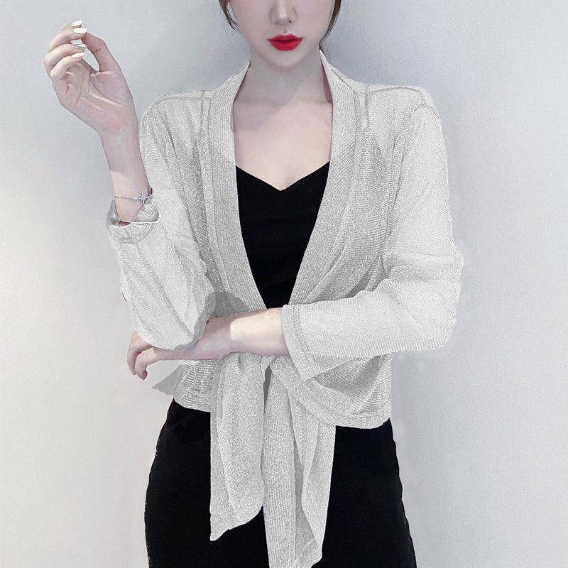 1 PC langärmliges Nylon-Spitzenrohr, lockerer dünner Schal außerhalb des Damen-Sonnenschutzhemds, Sommer-Kurzjackenoberteile, perlmuttfarbene Eisseiden-Cardigan-Spitzenmäntel XXL weiß von Joom DACH