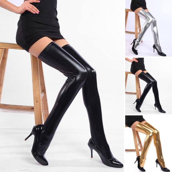 1 Paar Damen Strumpfhosen Oberschenkelhohe einfarbige Socken Slim Fit Kunstleder Partys Nachtclubs Strümpfe goldgelb von Joom DACH