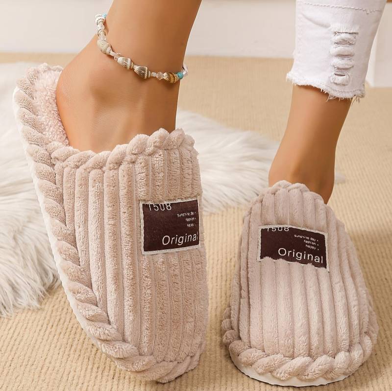 1 Paar Kuschelige Samt-Hausschuhe für Damen - Lässige einfarbige gestreifte Winter-Slipper für drinnen mit EVA-Sohle und Stoff-Innensohle - Handwaschbar 42-43 khaki von Joom DACH