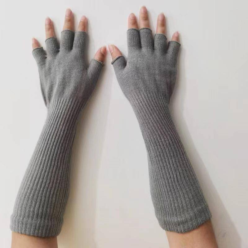 1 Paar Lange gestrickte Unisex-Halbfingerhandschuhe für Damen und Mädchen, Herbst-Winter-Armstulpen, reines Schwarz, Ellenbogenlang, warme Arbeitshandschuhe one size grau von Joom DACH