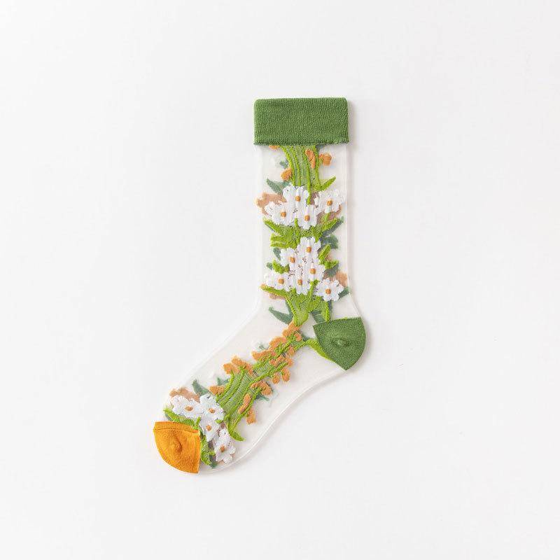 1 Paar ultradünne transparente Kristallglas-Seidensocken für Damen, kreative Harajuku-Blumen-Kitty-Muster-Socken, Mädchen, weiche elastische Spitze, transparente Socken hellbraun von Joom DACH