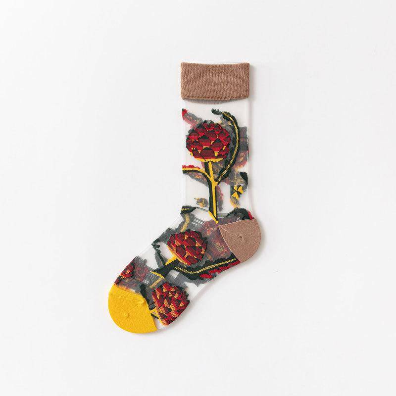 1 Paar ultradünne transparente Kristallglas-Seidensocken für Damen, kreative Harajuku-Blumen-Kitty-Muster-Socken, Mädchen, weiche elastische Spitze, transparente Socken rot von Joom DACH
