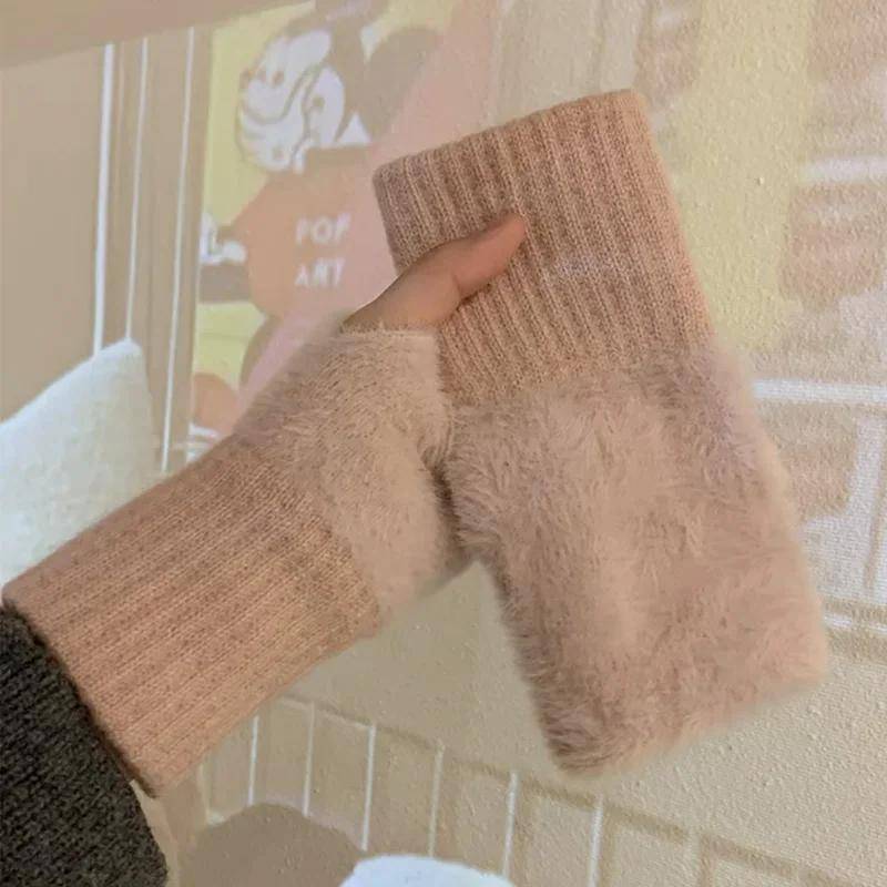 1 Paar weiche Winter-Halbfingerhandschuhe aus Nerzfleece für Damen und Mädchen rosa von Joom DACH