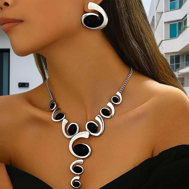 1 Set Boho Classic 2-teiliges Damen-Schmuckset, Spiral-Schneckenform mit schwarzem Strass-Inlay, Y-Halskette und Ohrringe silber von Joom DACH