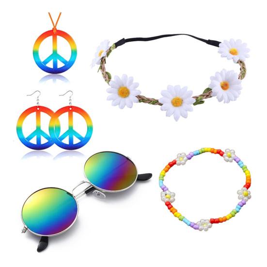1 Set Damen Kostüm Zubehör Set Peace Zeichen Blume Perlen Dekor Vintage 60er 70er Disco Party Favors Cosplay Ohrringe Sonnenbrille Halskette Stirnband Set bunt von Joom DACH