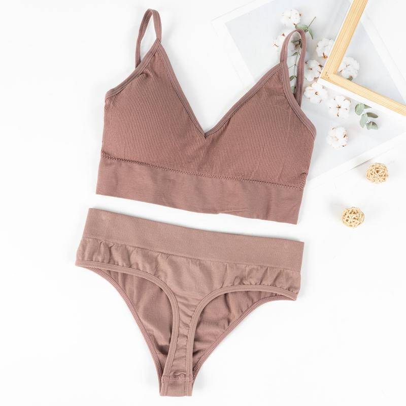 1 Set Frauen Dessous Set Einfarbig Mode Gestreiften V-ausschnitt Crop Top Bh und Höschen Zwei Stück Bikini Set Bademode unterwäsche S/M licht kaffee von Joom DACH
