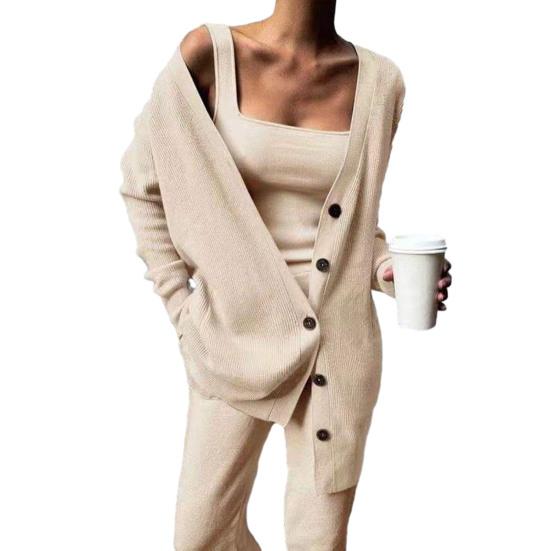 1 Set Frauen Gestrickte Outfit Tank Top Strickjacke Hosen Drei-stück Set Einfarbig Lange Ärmel Gestrickte Anzug Damen büro 2XL khaki von Joom DACH