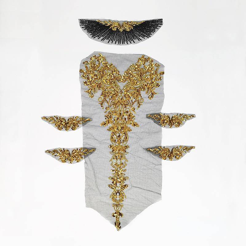 1 Set Schwarzer Tüll Gold Pailletten Stickerei Spitze Stoff Quaste Royal Edle Brautkleid Applikation Patch Kragen Kleid DIY schwarz von Joom DACH