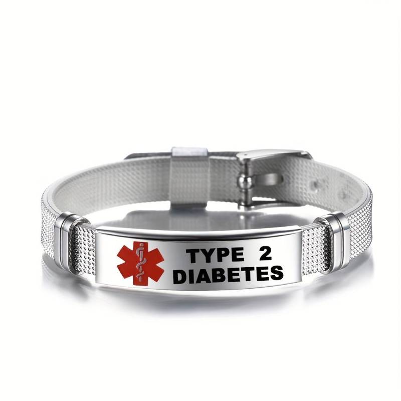 1 Stück Edelstahl-Schlangenstock-Armband mit rotem medizinischem Alarm für Typ-2-Diabetes, Erste-Hilfe-Armband für Herren TYPE 2 DIABETES von Joom DACH