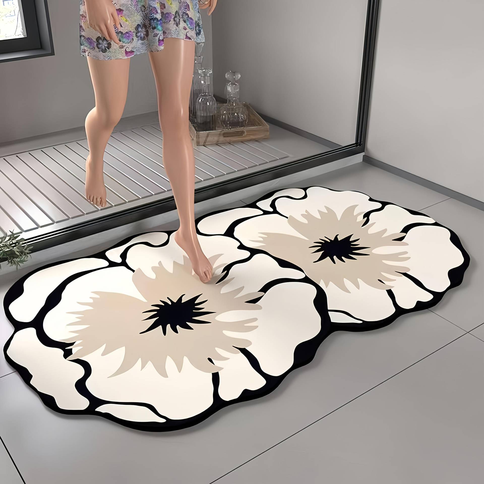 1 Stück Florale Kieselgur Rutschfeste Badematte - Super Absorbent, Schnelltrocknend, Weiche Duschmatte, Leicht zu Reinigen, Dekorative Ovale Bodenmatte 80*100cm weiß von Joom DACH