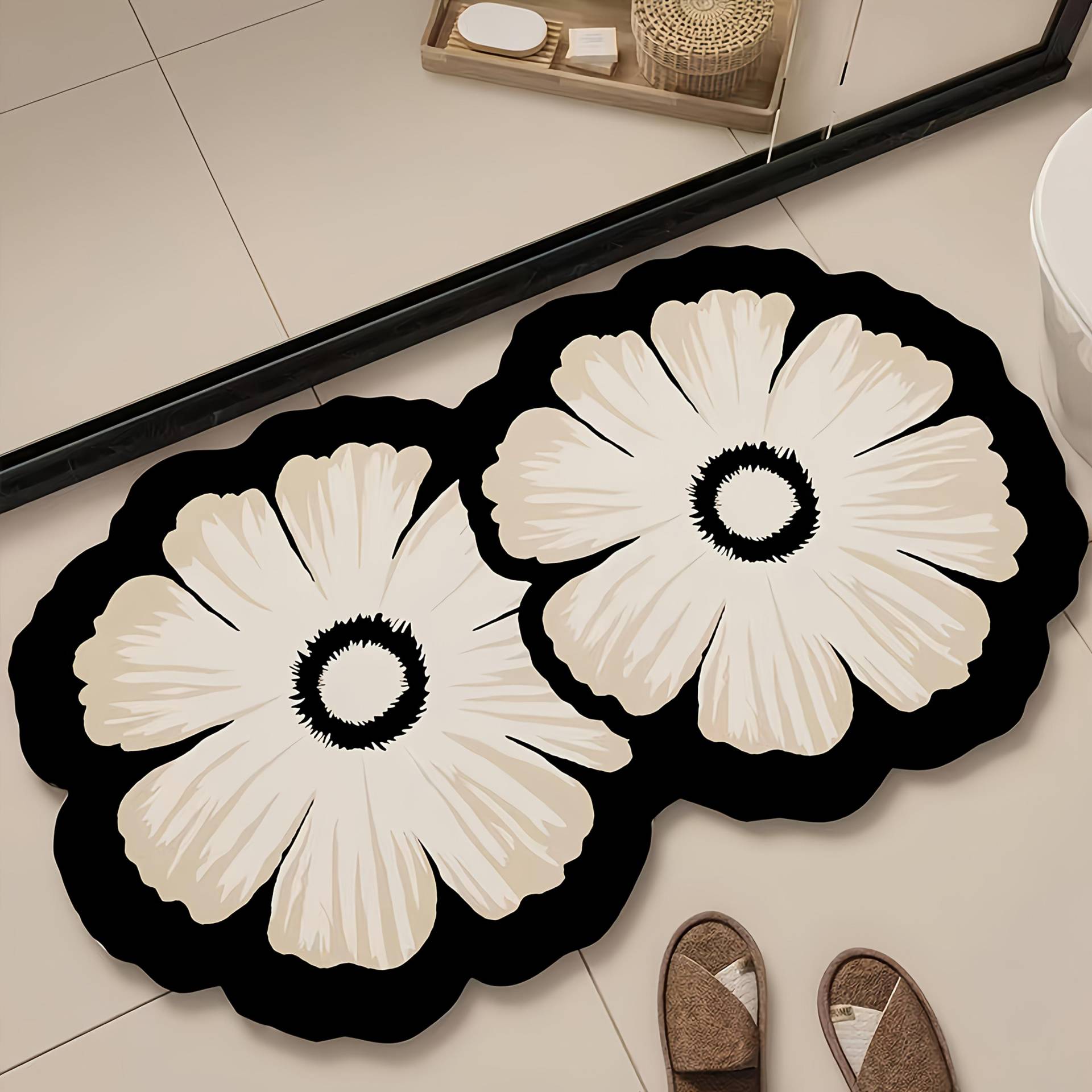1 Stück Florale Kieselgur Rutschfeste Badematte - Super Absorbent, Schnelltrocknend, Weiche Duschmatte, Leicht zu Reinigen, Dekorative Ovale Bodenmatte 80*100cm schwarz von Joom DACH