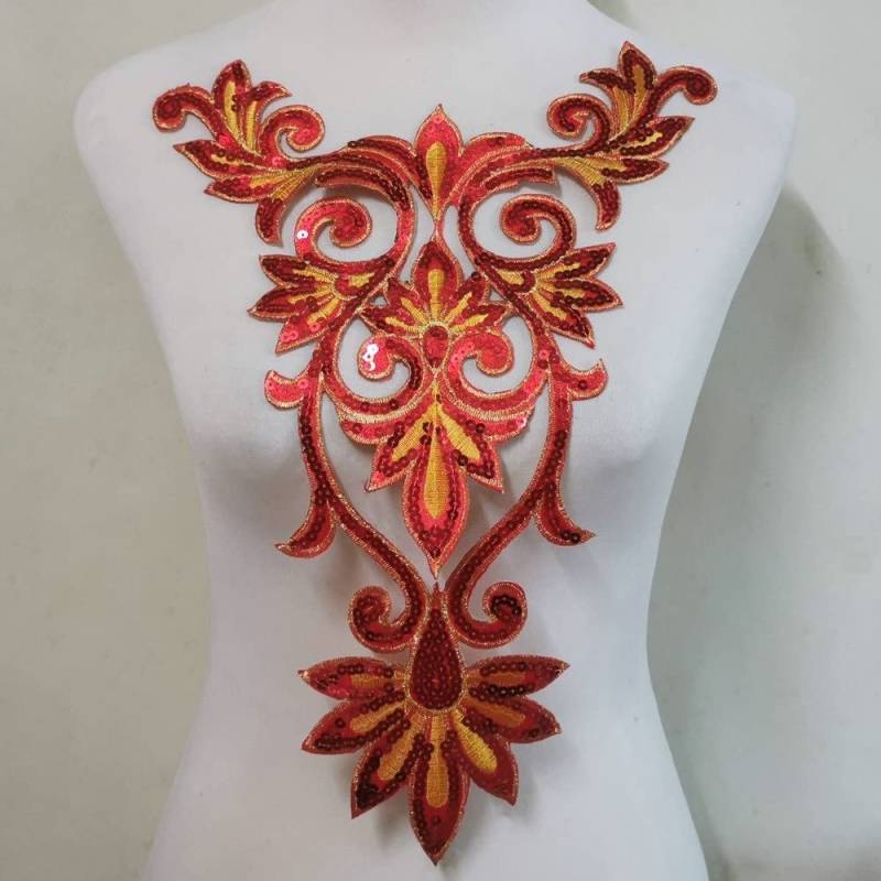 1 Stück Pailletten Ausschnitt Kragen Gestickte Aufnäher Applikation Kleidungspatch Dekoration rot von Joom DACH