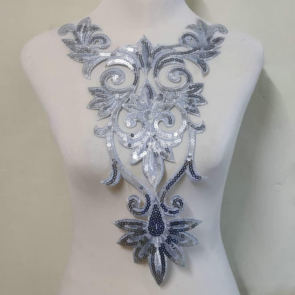 1 Stück Pailletten Ausschnitt Kragen Gestickte Aufnäher Applikation Kleidungspatch Dekoration silber von Joom DACH