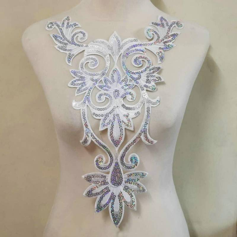 1 Stück Pailletten Ausschnitt Kragen Gestickte Aufnäher Applikation Kleidungspatch Dekoration weiß von Joom DACH