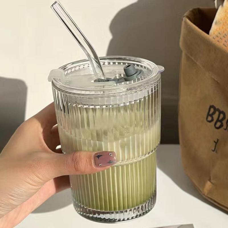 1 Stück Vertikal gestreifte Bambusbecher Glas Strohbecher Milch Whiskey Becher Kaffeetasse mit Hand Geschenk mit Deckel 301-400ml von Joom DACH