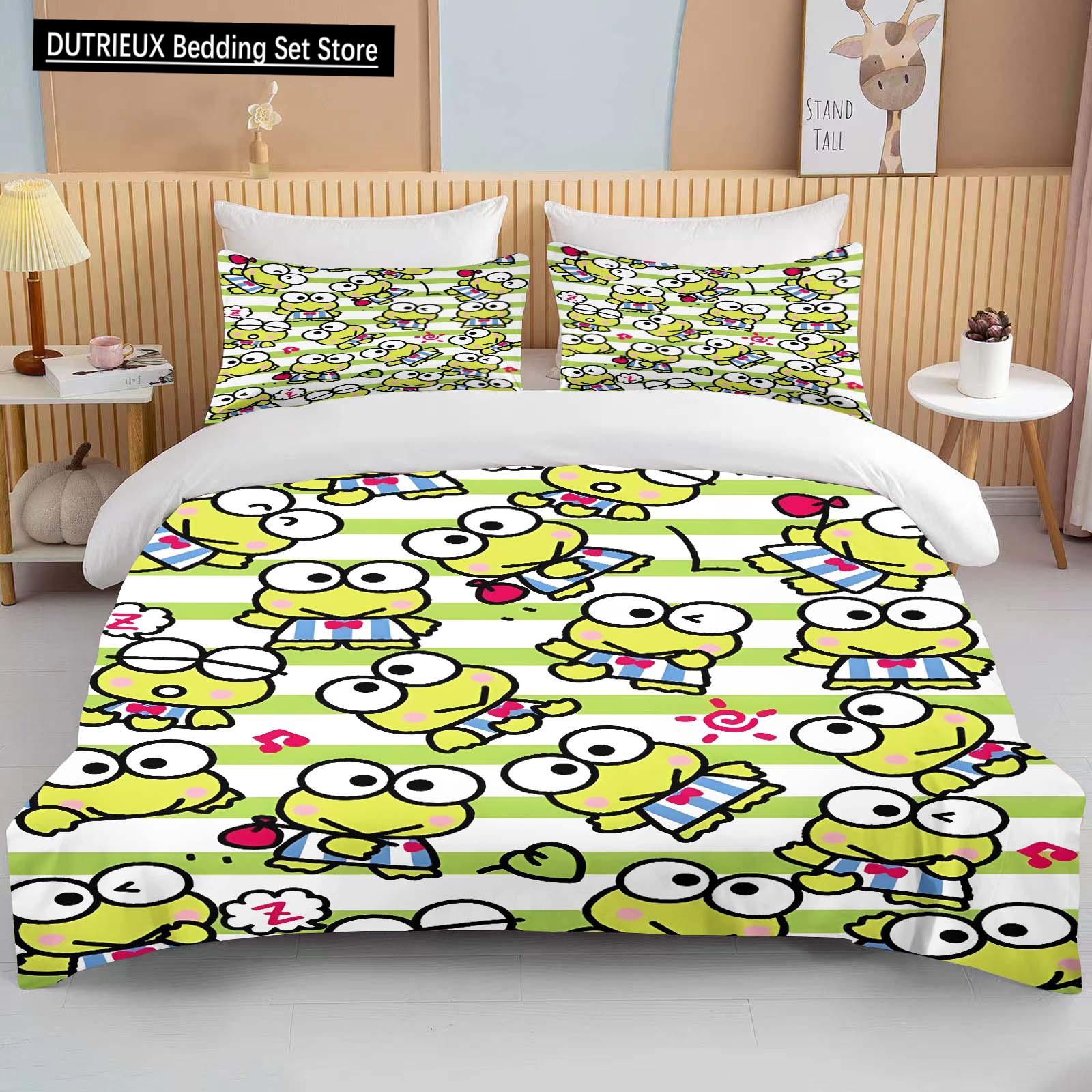 10 Größen Sanrio Keroppi Bedrucktes Bettwäscheset Cartoon Anime Bettbezug Decke Kissenbezug Jungen Mädchen Kinder Erwachsene King Geschenk EU single(135x200cm) von Joom DACH