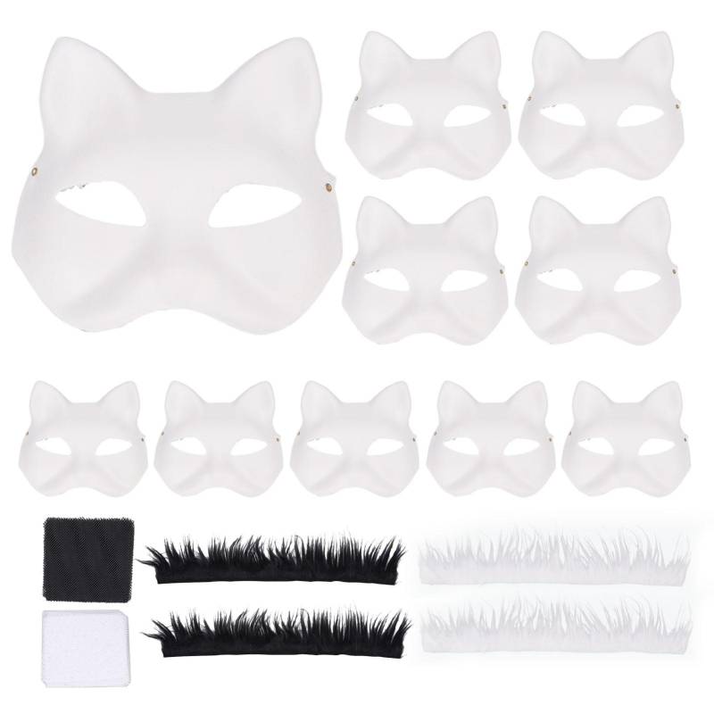 10 STÜCKE Katze Therian Gesichtsmaske Papier DIY Handbemalt Blanko Tier Katze Halbgesichtsmaske mit Fell und von Joom DACH
