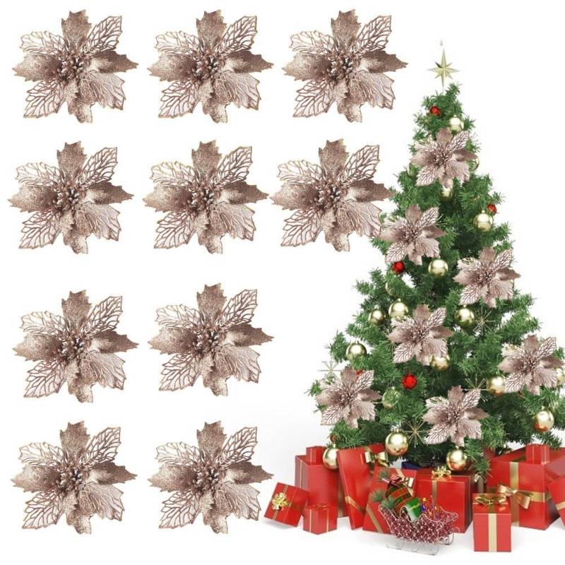 10 STÜCKE Weihnachten Glitzer Poinsettia Blumen Weihnachtsdekoration Wiederverwendbare Künstliche Blumen von Joom DACH