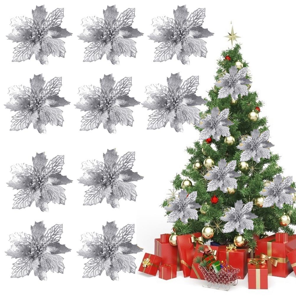 10 STÜCKE Weihnachten Glitzer Poinsettia Blumen Weihnachtsdekoration Wiederverwendbare Künstliche Blumen von Joom DACH