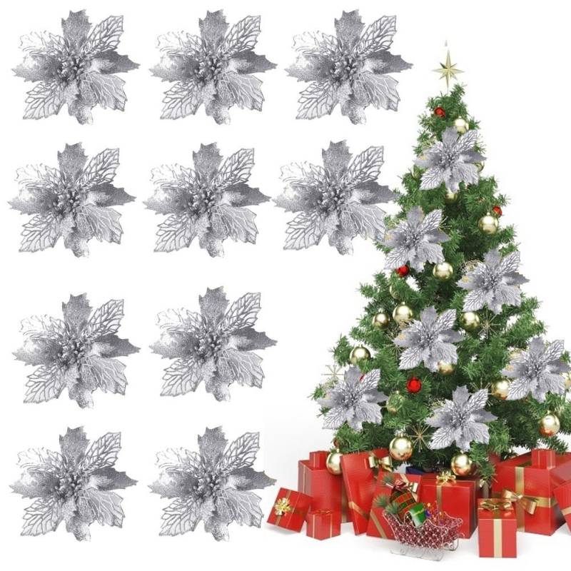 10 STÜCKE Weihnachten Glitzer Poinsettia Blumen Weihnachtsdekoration Wiederverwendbare Künstliche Blumen von Joom DACH