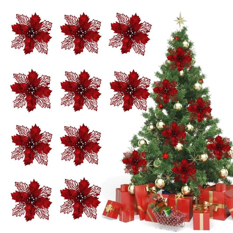 10 STÜCKE Weihnachten Glitzer Poinsettia Blumen Weihnachtsdekoration Wiederverwendbare Künstliche Blumen von Joom DACH