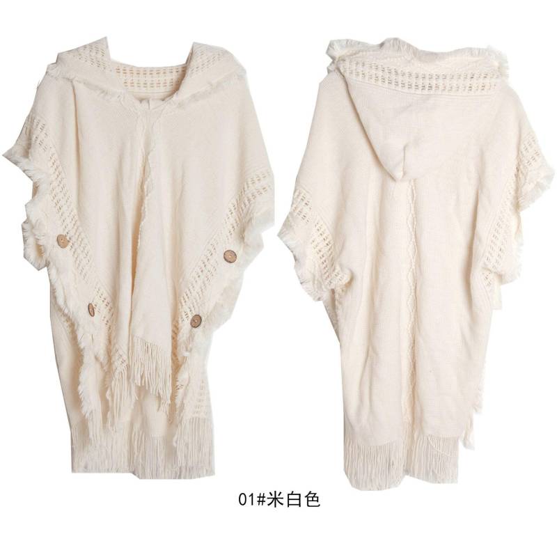 10 farben Frauen Taste Lose Cape Poncho Frühling Herbst Gestrickte Fledermaus Ärmel Pullover Quaste Lange Aus Straße Tragen Pullover Mit hut One Size elfenbein von Joom DACH