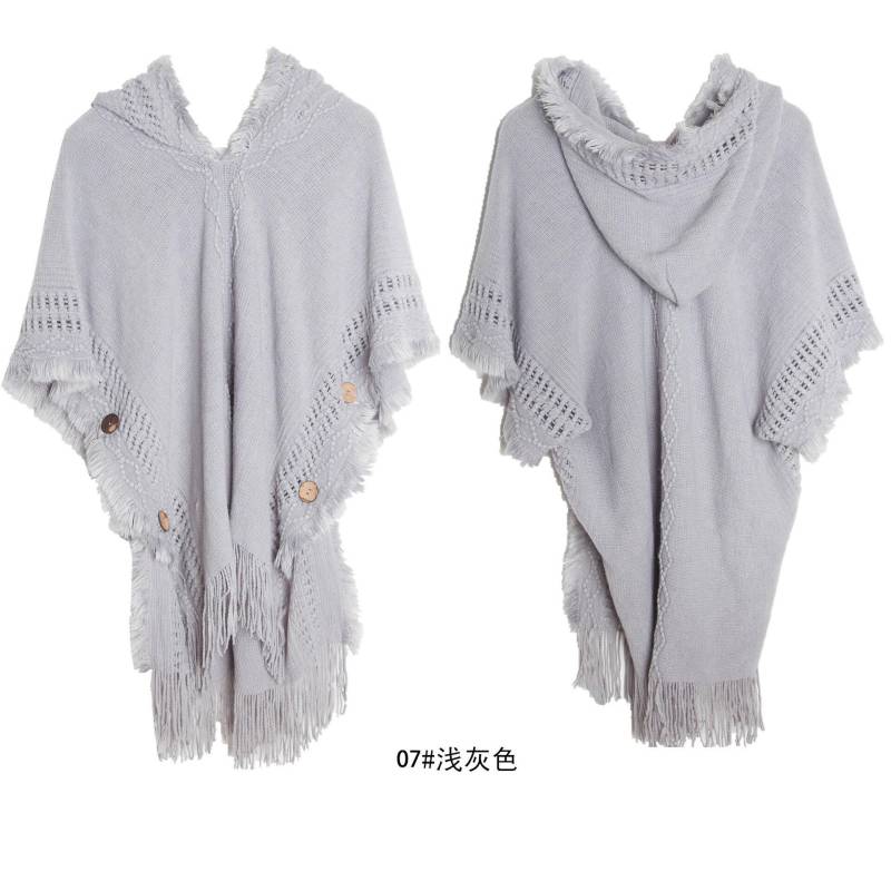 10 farben Frauen Taste Lose Cape Poncho Frühling Herbst Gestrickte Fledermaus Ärmel Pullover Quaste Lange Aus Straße Tragen Pullover Mit hut One Size grau von Joom DACH
