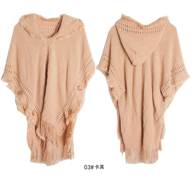 10 farben Frauen Taste Lose Cape Poncho Frühling Herbst Gestrickte Fledermaus Ärmel Pullover Quaste Lange Aus Straße Tragen Pullover Mit hut One Size khaki von Joom DACH