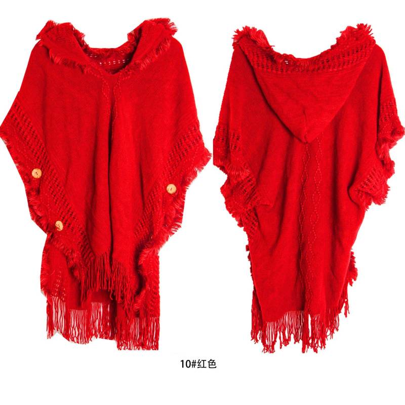 10 farben Frauen Taste Lose Cape Poncho Frühling Herbst Gestrickte Fledermaus Ärmel Pullover Quaste Lange Aus Straße Tragen Pullover Mit hut One Size rot von Joom DACH