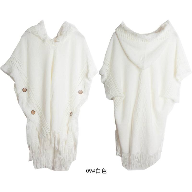 10 farben Frauen Taste Lose Cape Poncho Frühling Herbst Gestrickte Fledermaus Ärmel Pullover Quaste Lange Aus Straße Tragen Pullover Mit hut One Size weiß von Joom DACH