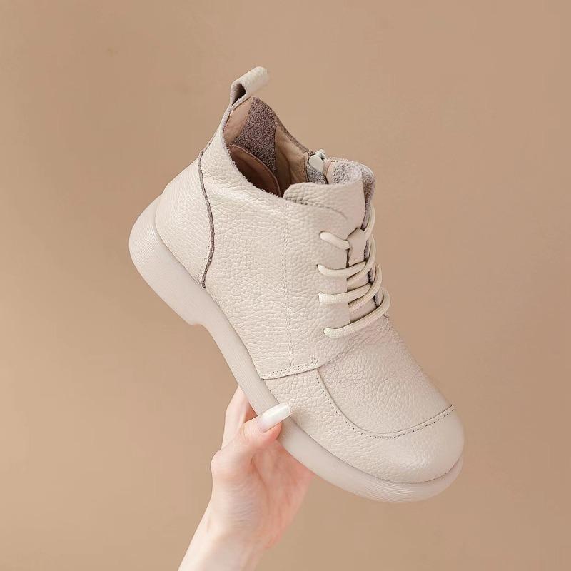100% Echtes Leder Schuhe Damen Stiefeletten Frühling Herbst Retro Weiches Rindsleder Marke Damen Einzelstiefel Mutterschuhe Übergröße 41 38 beige von Joom DACH
