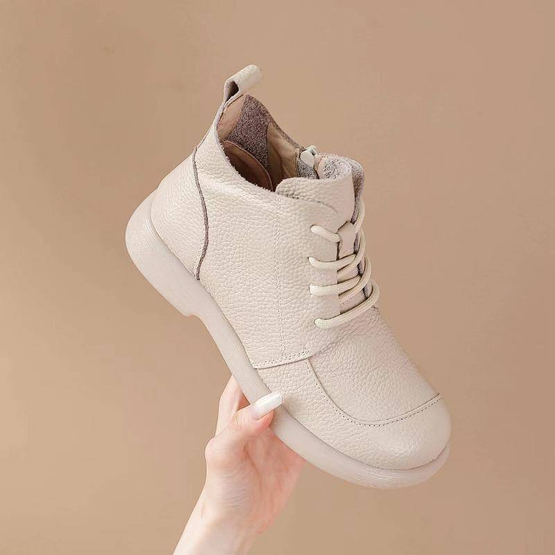 100% Echtes Leder Schuhe Damen Stiefeletten Frühling Herbst Retro Weiches Rindsleder Marke Damen Einzelstiefel Mutterschuhe Übergröße 41 38 beige von Joom DACH