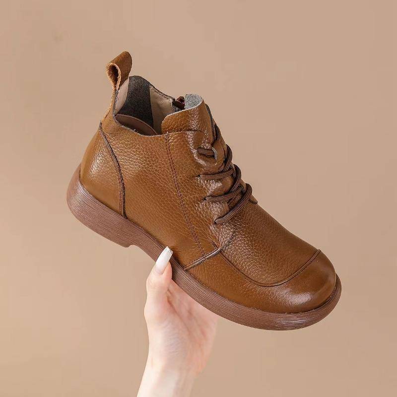 100% Echtes Leder Schuhe Damen Stiefeletten Frühling Herbst Retro Weiches Rindsleder Marke Damen Einzelstiefel Mutterschuhe Übergröße 41 38 braun von Joom DACH