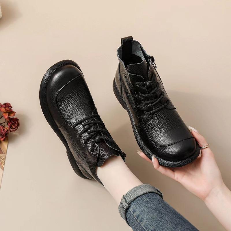 100% Echtes Leder Schuhe Damen Stiefeletten Frühling Herbst Retro Weiches Rindsleder Marke Damen Einzelstiefel Mutterschuhe Übergröße 41 38 schwarz von Joom DACH