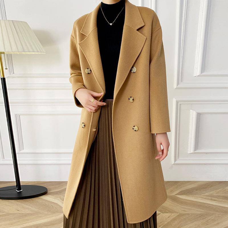 100% Wolle Damen Mantel Herbstwolle Langmantel Handarbeit Pea Coat Winter warme Wolle Lange Jacke Overcoat L kamelfarben von Joom DACH