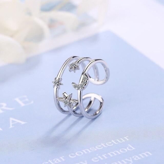 100 % echter reiner 925er Sterlingsilber-Kristall-Mondstern-Doppelschicht-Ring für Frauen und Damen, Statement-Schmuck, Hochzeits-Fingerring Resizable silber von Joom DACH