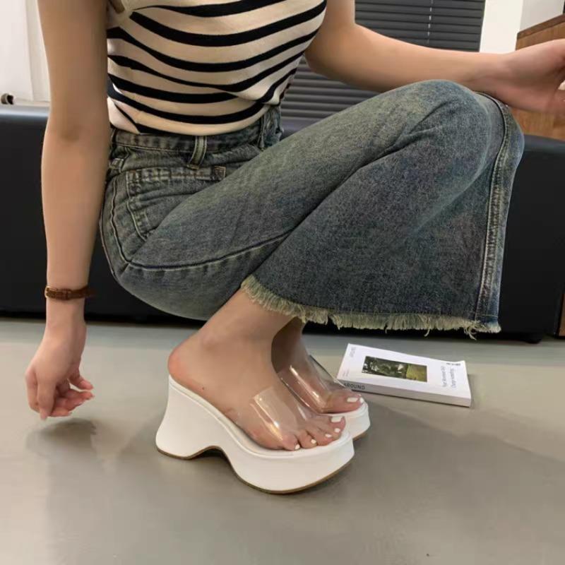 10CM Keile Hausschuhe Gold Flip-Flops Freizeit Plattform High Heels Sommer Strand Hausschuhe Schwarz Damen Chunky Sandalen 40 weiß von Joom DACH