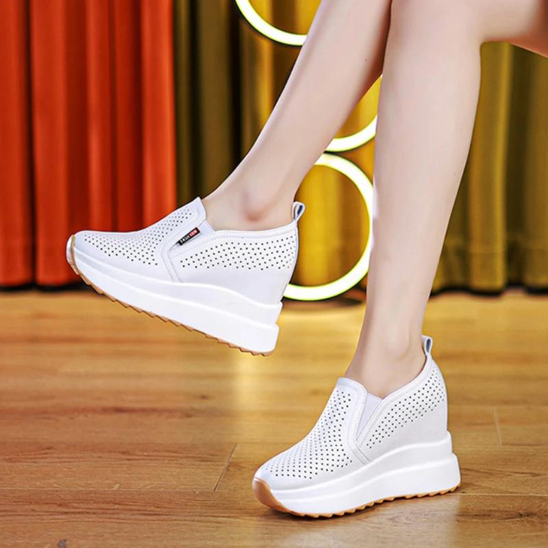 10CM Keilpumps Mokassins Damen Plateau HighSandals Echtes Leder Hohl Sommerschuhe Versteckte Absätze Damenschuhe 36 weiß von Joom DACH