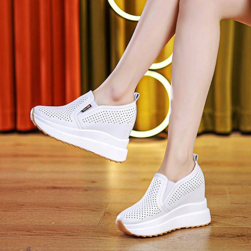 10CM Keilpumps Mokassins Damen Plateau HighSandals Echtes Leder Hohl Sommerschuhe Versteckte Absätze Damenschuhe 36 weiß von Joom DACH