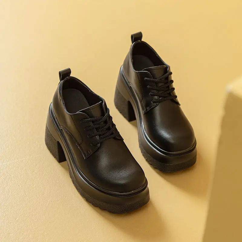 10cm Elegante Frau High Heels Schuhe Luxus Designer Loafers Braut Casual Leder Party Chunky Plateau Pumps Weiblich 38 schwarz von Joom DACH